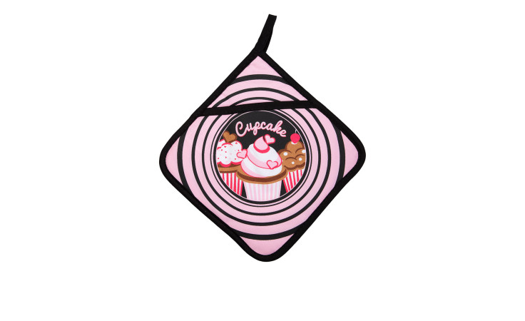 Rosa Topflappen Cupcake 20x20cm mit konzentrischen Kreisen, Cupcake-Aufdruck und "Cupcake"-Text - charmante Küchendekoration.