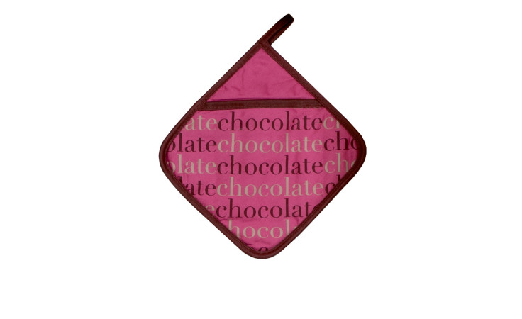 Ein mehrfarbig rosa Topflappen 20 x 20 cm mit "chocolate" in brauner Schrift, ideal als Textil Dekoration.