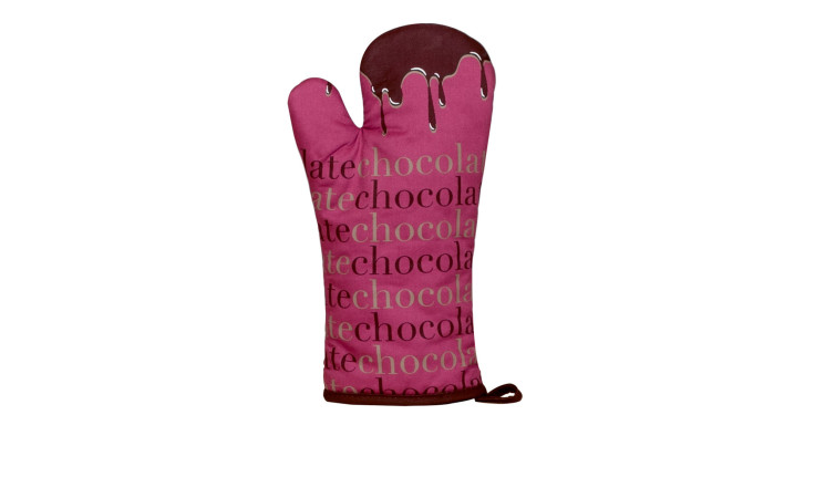 Ofenhandschuh Chocolate 18x30 cm: Rosa Handschuh mit braunem Tropfendesign, mehrfarbigen Akzenten und dem Text "chocolate".