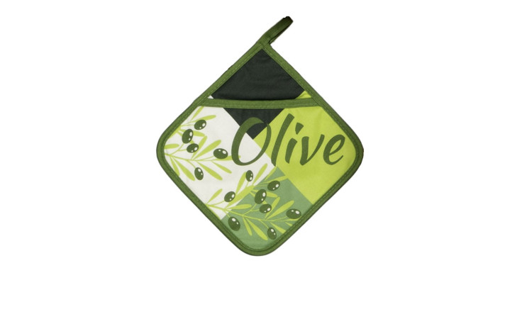 Topflappen Verdial 20 x 20 cm, mehrfarbig mit Olive-Dekor und grüner Bordüre, isoliert auf weißem Hintergrund.