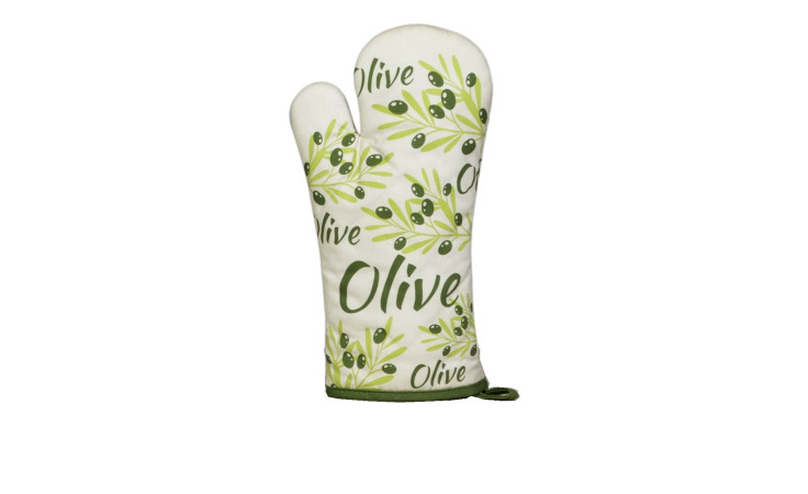 Ofenhandschuh Verdial 18 x 30 cm mit Olive-Druck und grünen Olivenzweigen auf weißem Hintergrund.