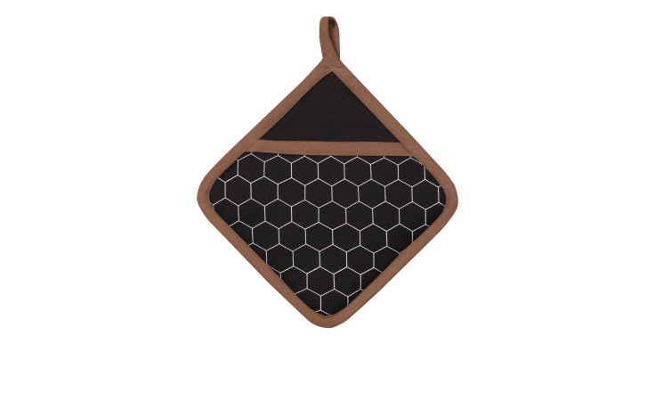 Topflappen Mesh 20 x 20, mehrfarbig, mit Hexagon-Muster und Aufhängeschlaufe, textilem Design und Eingriff.