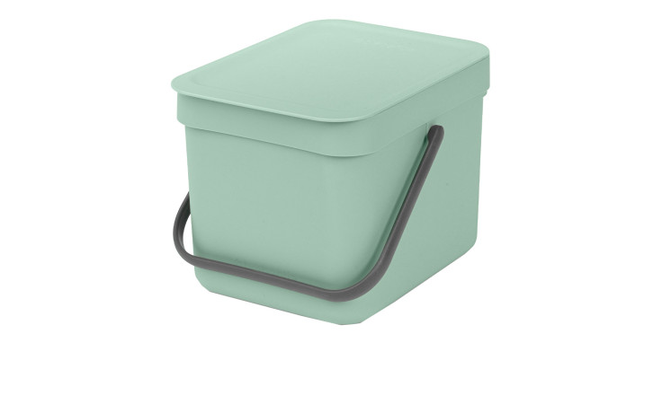 Hellgrüner Abfalleimer Sort & Go 6 l mit Deckel, schwarzem Griff, rechteckig, auf weißem Hintergrund.