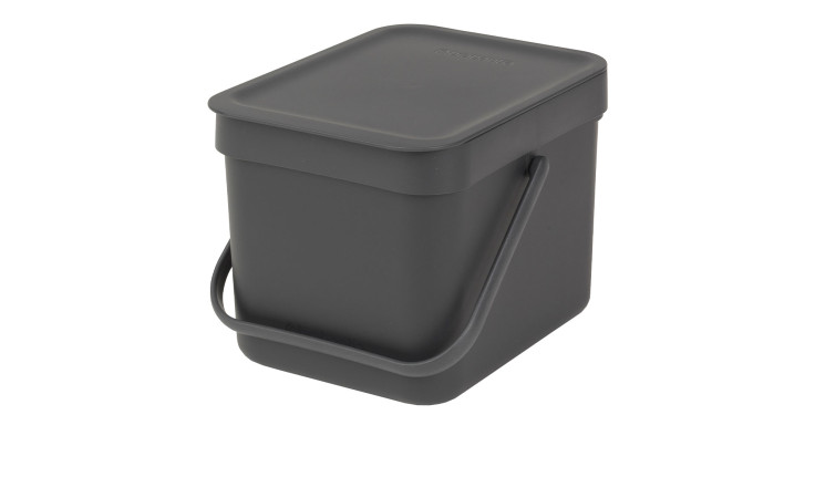 Der Abfalleimer Sort & Go 6 l ist ein rechteckiger Kunststoffbehälter mit Deckel und Griff zur Aufbewahrung.