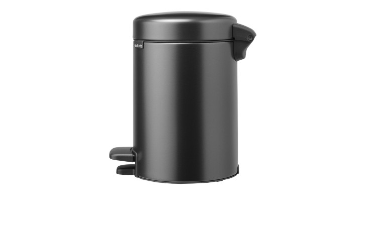 Der Treteimer NewIcon 3 l ist ein anthrazitfarbener, getretener Mülleimer aus Metall/Kunststoff, der geschlossen auf weißem Hintergrund abgebildet ist.