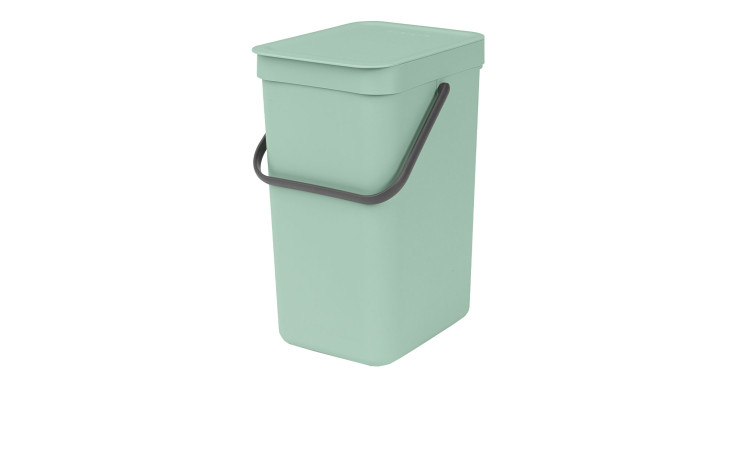 Hellgrüner Abfalleimer Sort & Go 12 l mit dunklem Griff und flachem Deckel, abgebildet auf weißem Hintergrund.