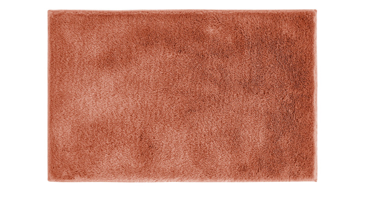 Die Andiamo Badematte Florida 50x80 cm ist eine rechteckige, plüschige Synthetik-Badematte in Rostrot auf weißem Grund.