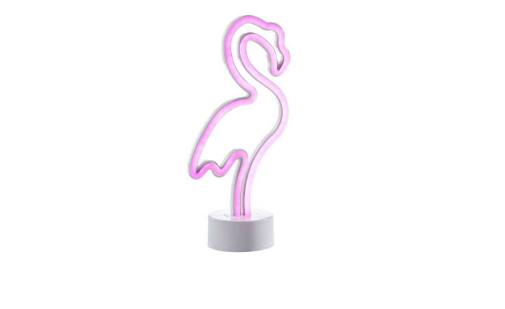 Casa Nova LED-Fun-Leuchte Flamingo, 29,5 cm, auf weißem Rundsockel vor weißem Hintergrund.
