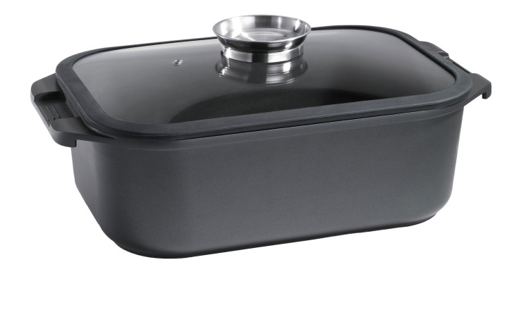 Casa Nova Alu-Bräter 7,5 l: rechteckiger Topf mit Griffen, Glasdeckel und Metallknauf.