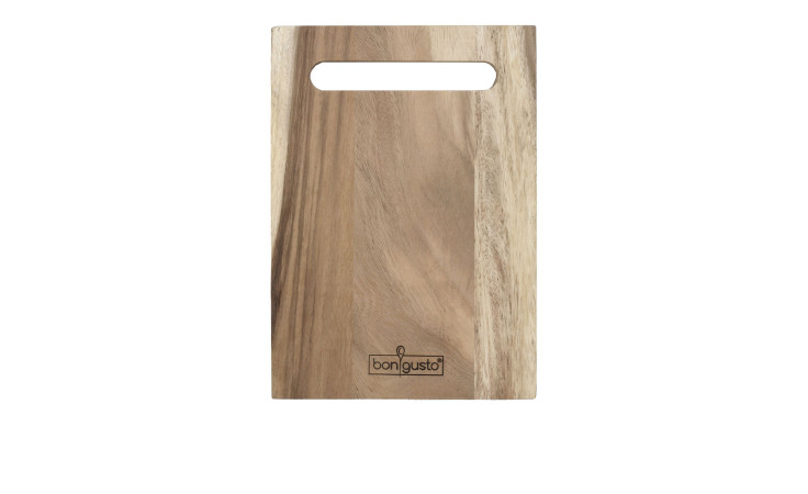 Rechteckiges Bongusto Holz-Schneidebrett 31,5 x 22,5 cm mit Griffschlitz und Logo an der Unterseite.