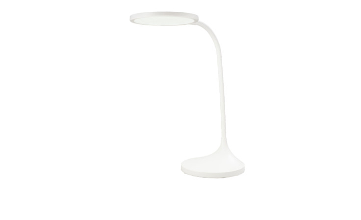 Die Casa Nova LED-Schreibtischleuchte Bright ist eine moderne weiße Schreibtischleuchte mit gebogenem Hals und Metallakzenten.