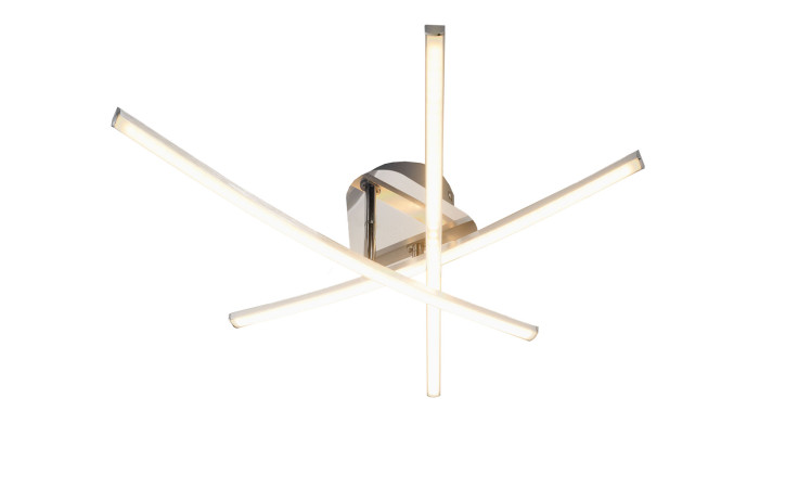 Die LED-Deckenleuchte Jimbo von Casa Nova verfügt über vier gebogene LED-Leisten in Silber auf einem schlanken Metallsockel.