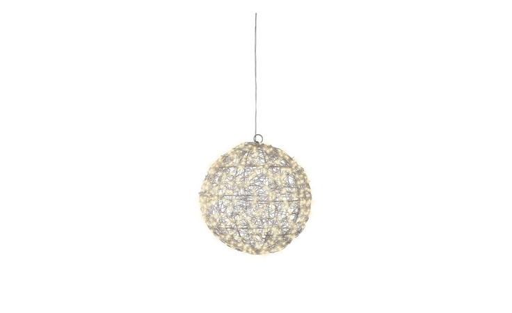 Die LED-Kugel 28 cm ist eine runde, geflochtene Pendelleuchte aus silbernem Metall mit aufwändigem Design; inklusive Leuchtmittel.