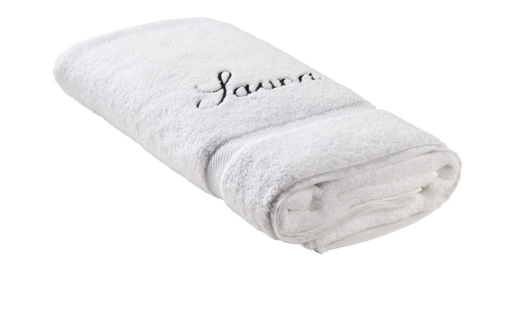 Casa Nova Saunatuch 70 x 200 cm, weiß, mit "Sauna" elegant in Schwarz bestickt, gerollt.