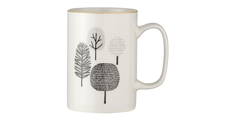Kaffeebecher 360 ml von Casa Nova aus weißer Keramik mit Henkel und dezenter Baum-Dekoration in Schwarz-Grau.