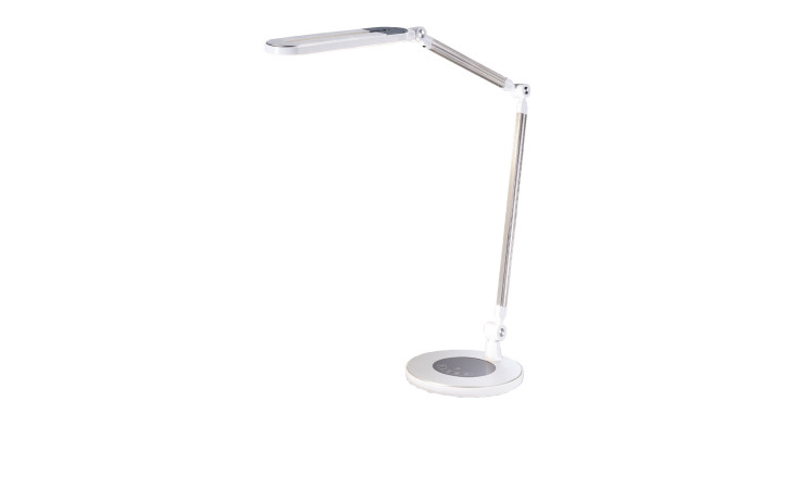 Casa Nova LED-Schreibtischleuchte Extend, modern und weiß, aus Kunststoff mit rundem Fuß vor weißem Hintergrund.