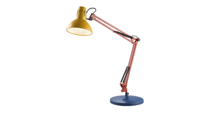 Die Casa Nova Schreibtischleuchte Quick hat einen gelben Schirm, einen roten verstellbaren Arm und einen blauen Metallsockel, der eingeschaltet wird.