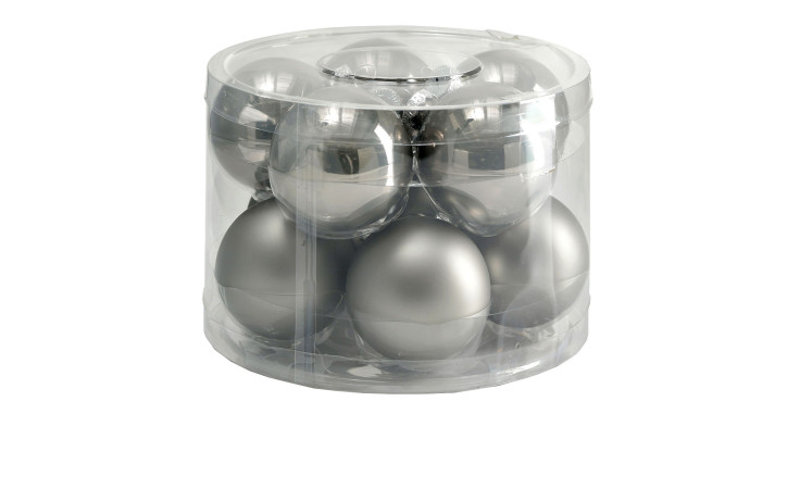 Die Christbaumkugel-Box 10er-Set enthält glänzende und matte graue Ornamente mit je 6 cm Durchmesser.