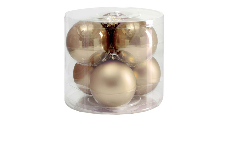 Christbaumkugel-Box 6er-Set: Sechs goldene Christbaumkugeln aus Glas, 8 cm Durchmesser, in klarem Kunststoffzylinder.