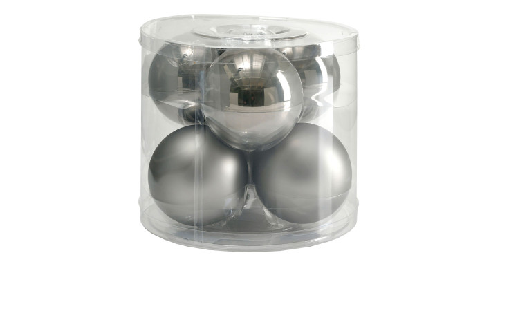 Sechs graue Christbaumkugeln aus Glas (Durchmesser 8 cm) in einer durchsichtigen Box, Christbaumkugel-Box 6er-Set.