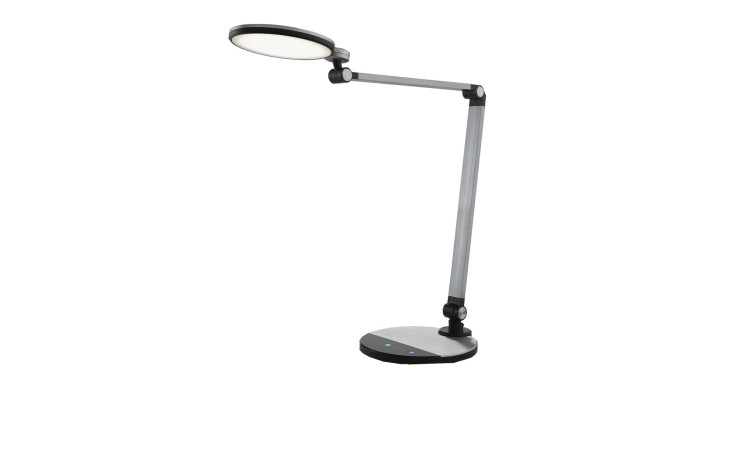 Moderne Casa Nova LED-Schreibtischleuchte Expect mit Metallarm und runder LED, dargestellt vor weißem Hintergrund.