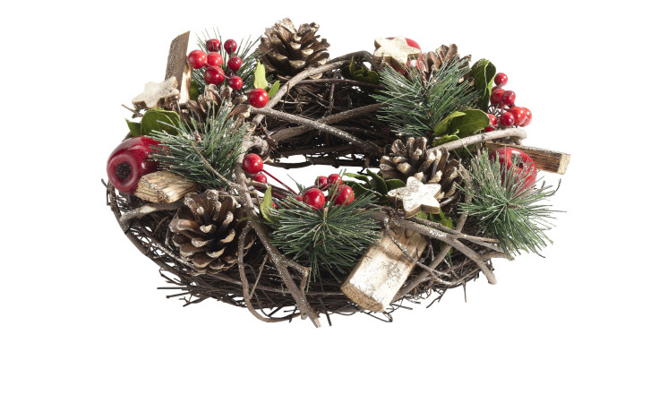 Kranz 26 cm aus Holz und Kunststoff mit verschiedenen Absetzungen in grün, braun und rot.