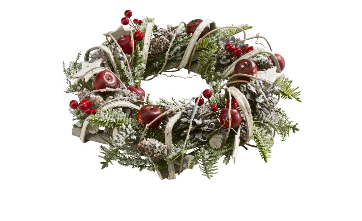 Kranz 32 cm aus Holz und Kunststoff mit verschiedenen Absetzungen in braun, grün und rot . Zusätzlich mit einer beeisten Oberfläche.