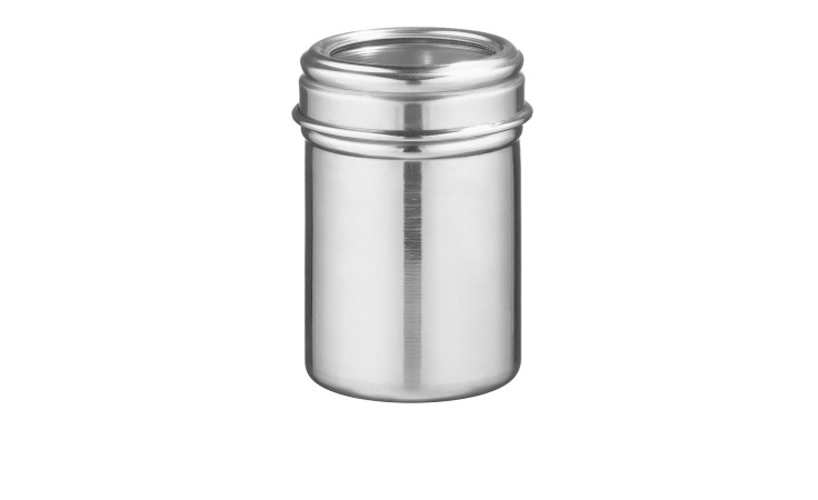 Die Casa Nova Vorratsdose 10 x 7 cm: silberfarbener Metallzylinder mit offenem Gewinde auf weißem Hintergrund.