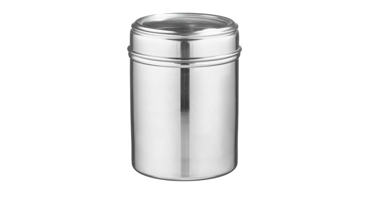 Casa Nova Vorratsdose, silberfarben, Metall, 13 x 9,5 cm mit Deckel, vor weißem Hintergrund.