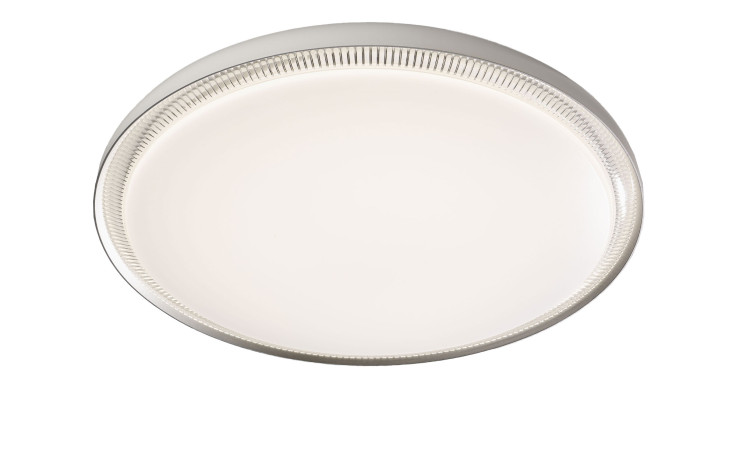 Runde, moderne Casa Nova LED-Deckenleuchte Bott mit weiß gefrosteter Abdeckung und metallischem Rand, von unten gesehen.