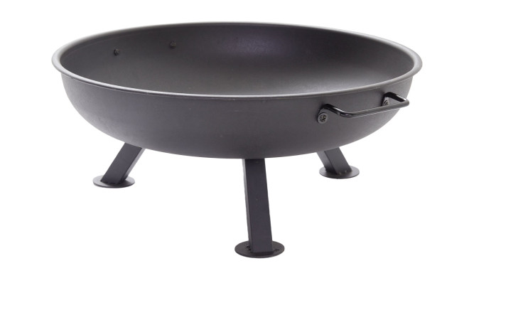 Die Outdoor Feuerschale 56 cm ist eine runde Feuerschale aus schwarzem Metall mit drei Beinen und einem seitlichen Griff, abgebildet auf einem weißen Hintergrund.