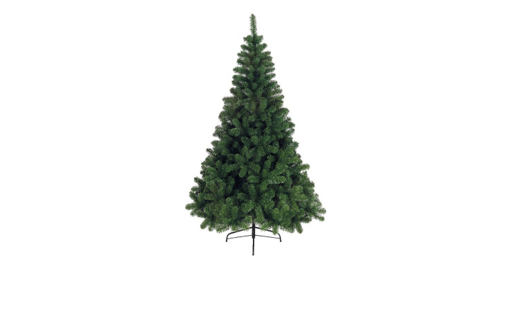 Tannenbaum 150 cm, künstlich, grün aus Kunststoff, Ø 97 cm, mit Metallständer, isoliert auf weißem Hintergrund.