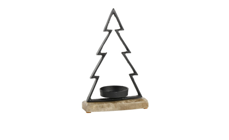 Tannenbaum 18 x 28 x 8 cm: Tannenbaum-Kerzenhalter aus Metall mit braunem Holzsockel und rundem Mittelstück.