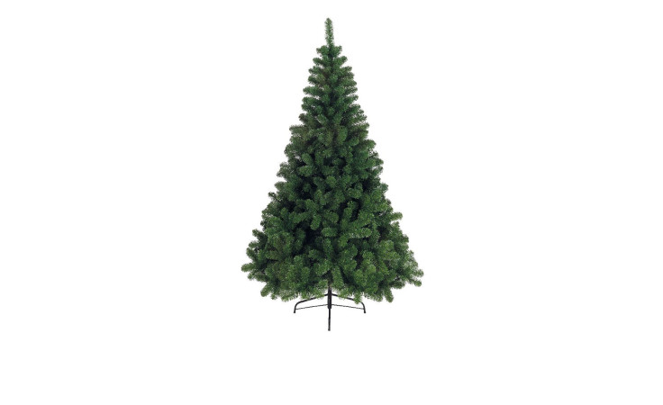 Ein grüner Tannenbaum 210 cm aus Kunststoff mit Metallständer, Ø 137 cm, vor weißem Hintergrund.