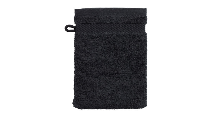A schwarz Casa Nova Waschhandschuh 16 x 21 cm aus Textil mit Aufhänger, montiert auf weißem Hintergrund.