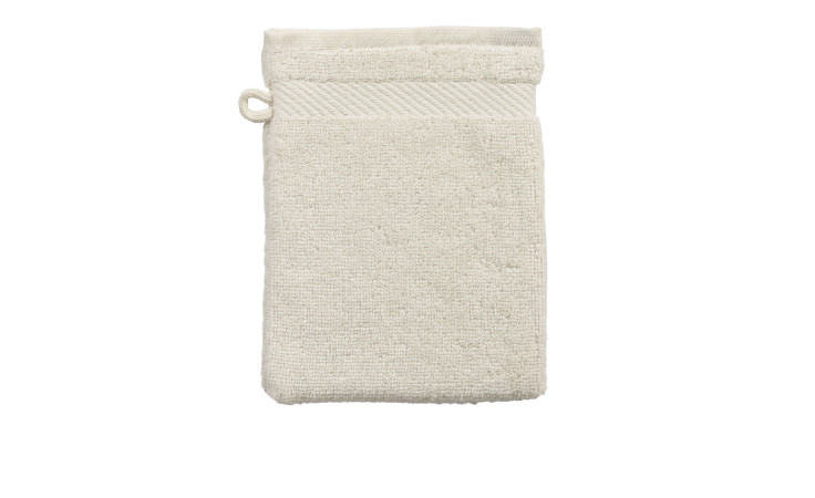 Ein beiger Casa Nova Waschhandschuh 16 x 21 cm mit Schlaufe, flach auf weißem Hintergrund abgebildet.
