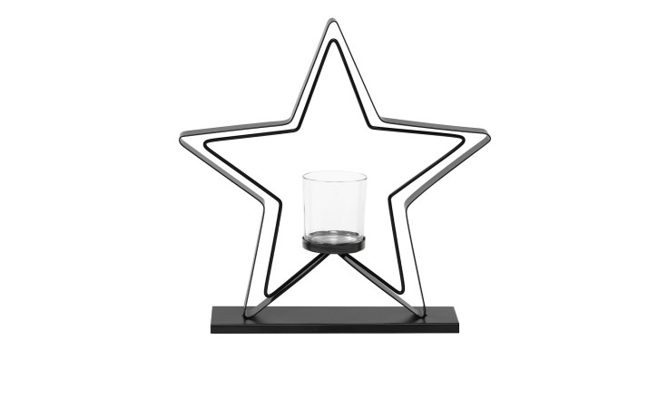 Stern-Teelichthalter 34,5 cm aus Metall in schwarz mit einem transparenten Glas.