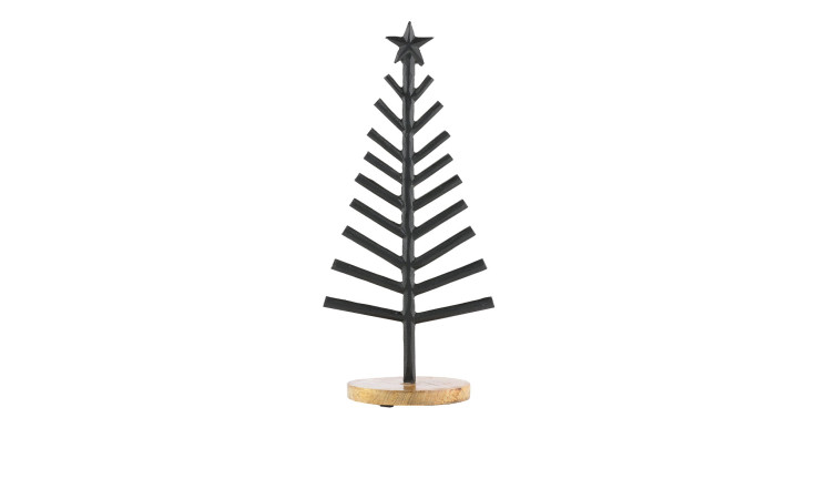 Weihnachtsbaum 31 cm aus Aluminium in schwarz mit einer Unterplatte aus braunen Holz.