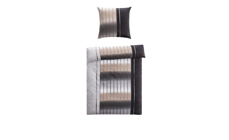 Die Satin-Bettwäsche 135 x 200 cm besteht aus einem grau-schwarz-beige gestreiften Bett- und Kopfkissenbezug.