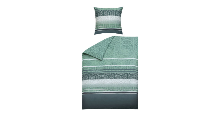 Satin-Bettwäsche 135 x 200 cm in grün-weißem Muster, präsentiert auf weißem Hintergrund.