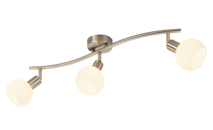 Spot Lina II 60,5 cm: Moderne silberne Deckenleuchte mit 3 mattierten Glühbirnen auf einem gebogenen Metallstab und Sockel.