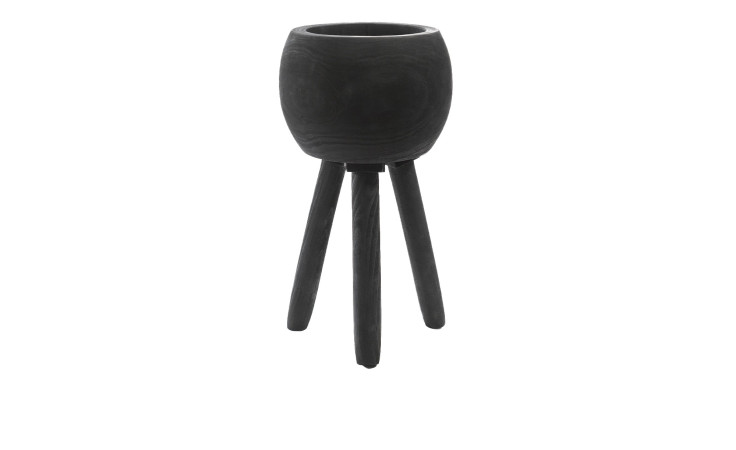 Übertopf 37,5 cm, dreibeinig, mit rundem Topf und drei Holzbeinen, isoliert auf weiß.