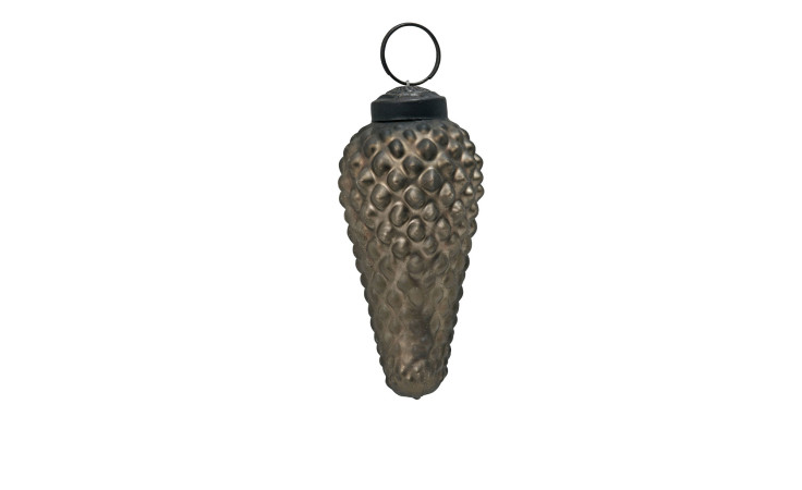 Ein brauner, tannenzapfenförmiger Glas-Christbaumzapfen 7 cm mit schwarzer Kappe und grüner Aufhängeöse.