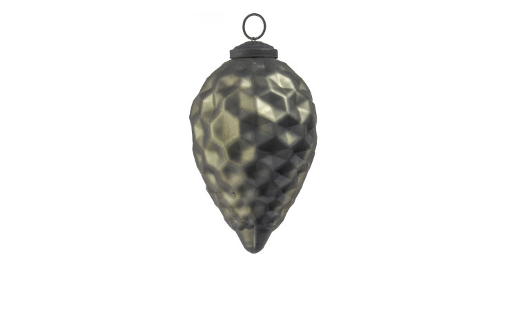 Der Glas-Christbaumzapfen 11 cm ist ein metallischer, facettierter, grüner Tannenzapfen mit einer Schlaufe für festliche Dekoration.