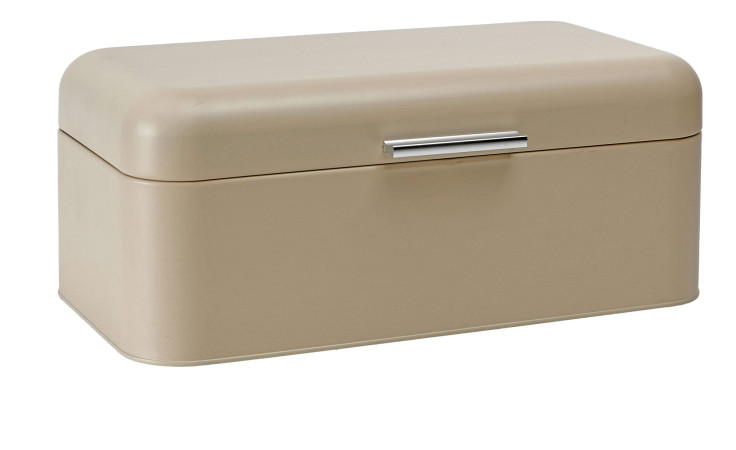 Bongusto Brotkasten 42 cm, beige Metall, montiert mit runden Kanten und silbernem Griff vorn.