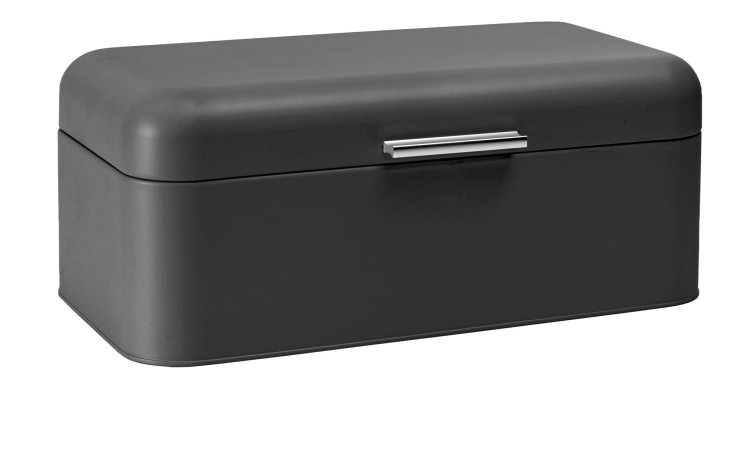 Der Bongusto Brotkasten 42 cm ist aus mattschwarzem Metall mit abgerundeten Kanten und einem silbernen Griff an der Vorderseite.