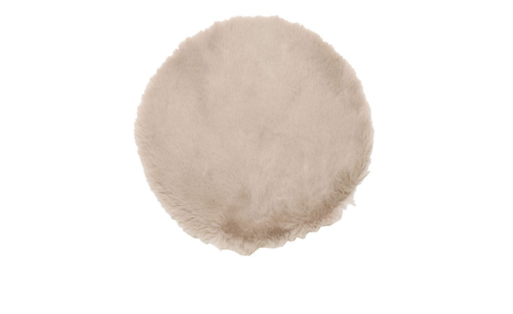 Rundes, taupefarbenes Sitzkissen 35 cm aus Synthetikfaser-Kunstfell auf weißem Grund.