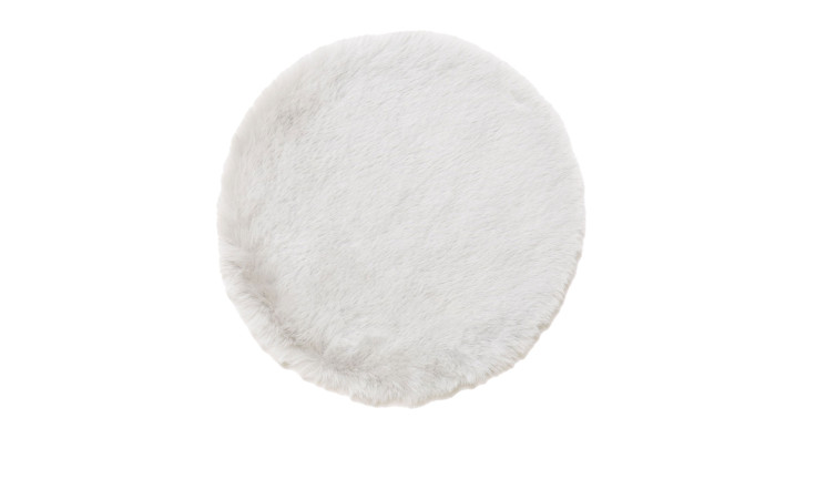 Runde, weiße, flauschige Sitzkissen 35 cm aus Synthetikfaser auf weißem Hintergrund.