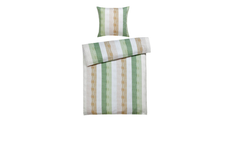 Satin-Bettwäsche 135 x 200 cm im Set mit Kopfkissenbezug, grün/beige/weiß gestreift auf weißem Grund.