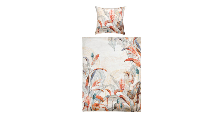 Einzelbett mit Satin-Bettwäsche 135 x 200 cm in einem botanischen Orange-, Blau- und Graudruck auf Weiß.